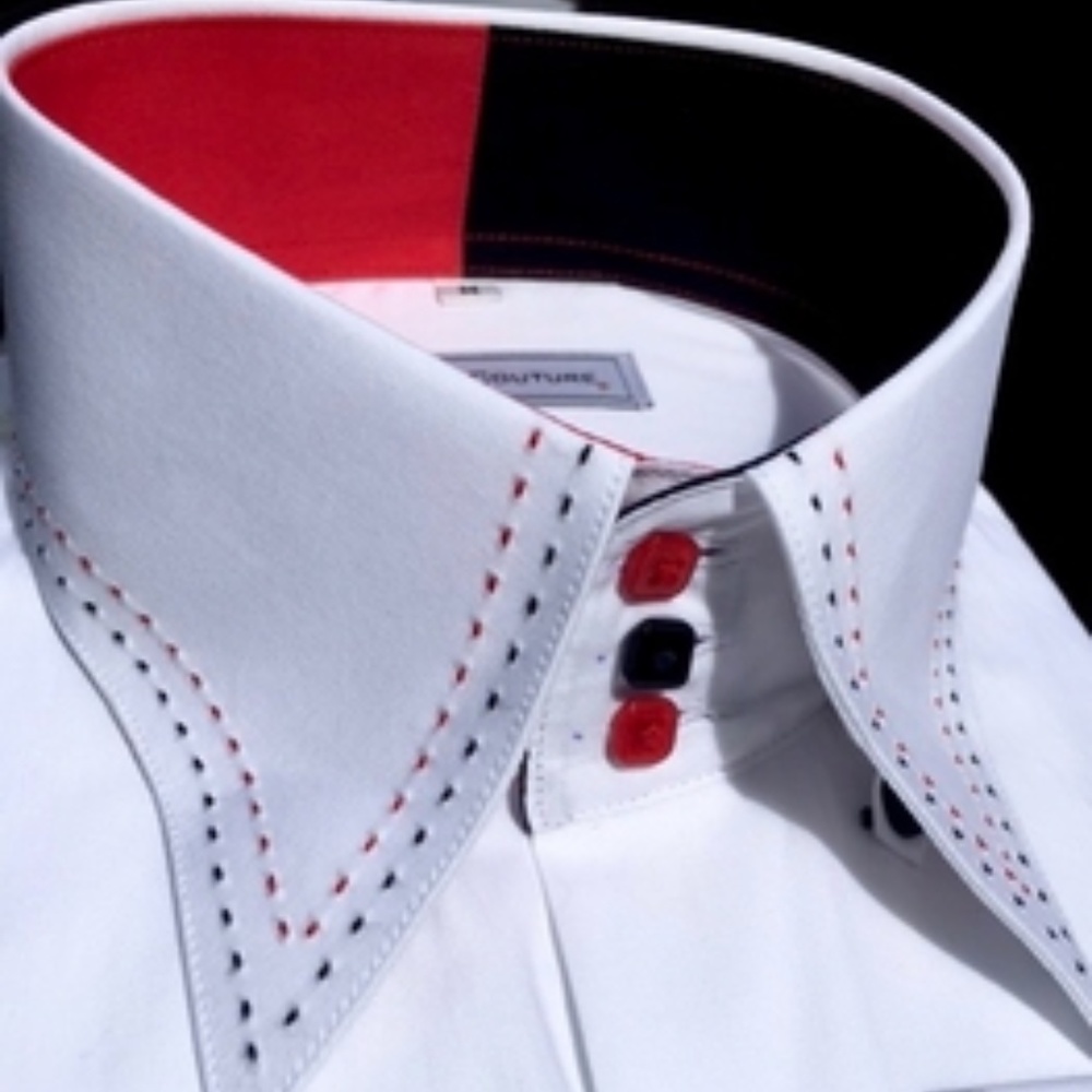 MorCouture Wht Red Black Stitch High Collar Shirt